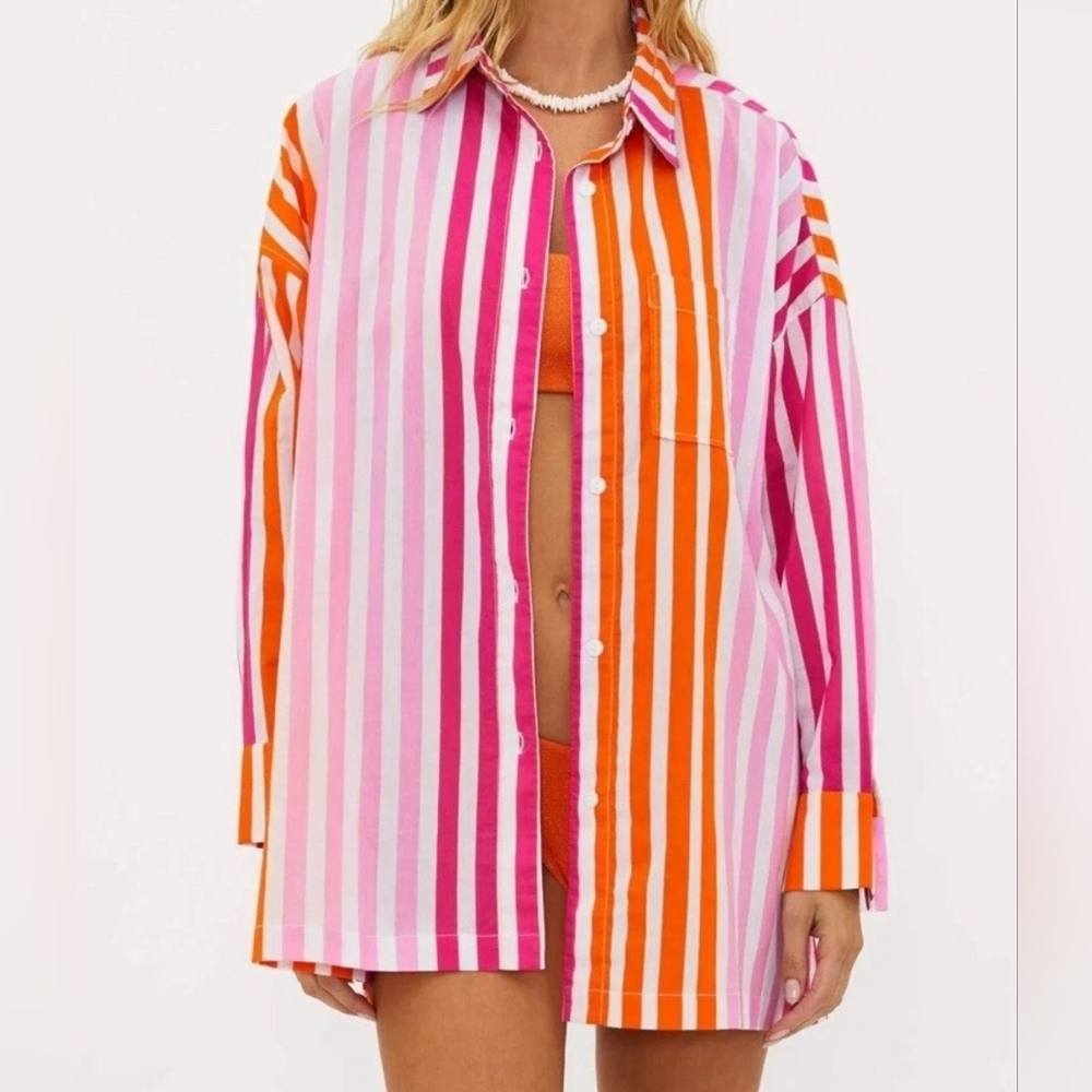 Beach Riot Nwot Alexa Coverup Button Down Sunset Stripes Pink Orange Sz L/XL